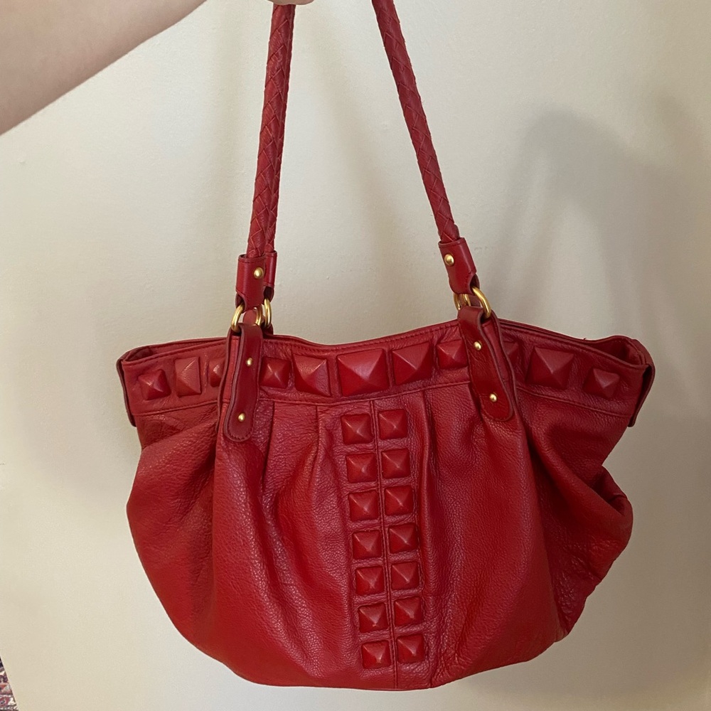 Red Studded Leather Tote Bag